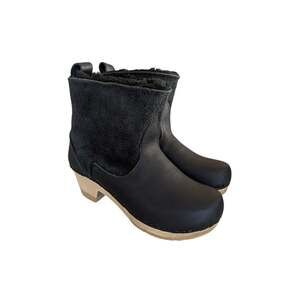 No.6 Store Pull on Shearling Clog Boot on Mid Heel in Black Suede US 36 / EU 36